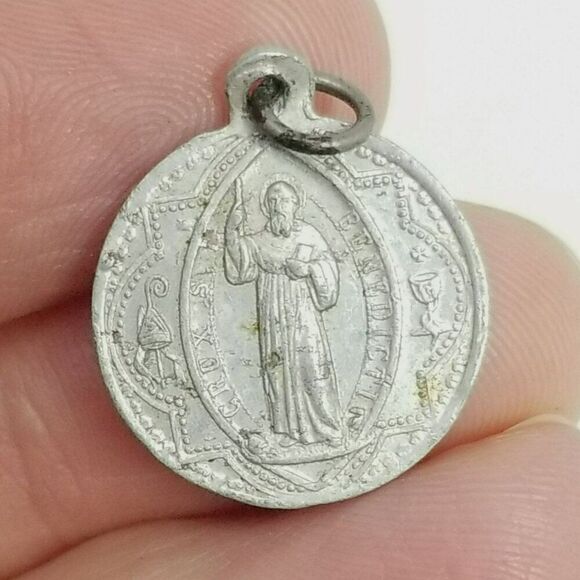 Vintage Saint Benedict Round Silver Tone Pendant Charm, Religious Medallion - Picture 1 of 7